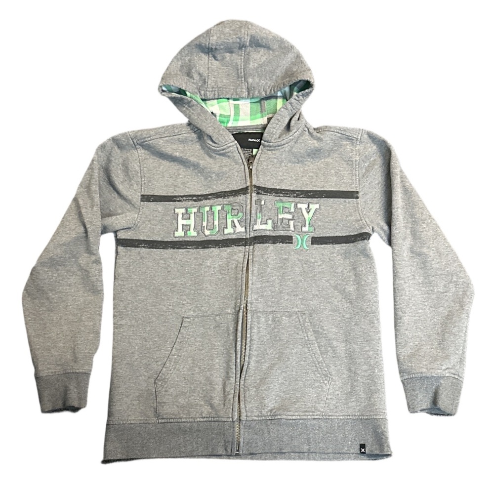 Y2K HURLEY unisex grey/green plaid graphic sweater, boys XL.